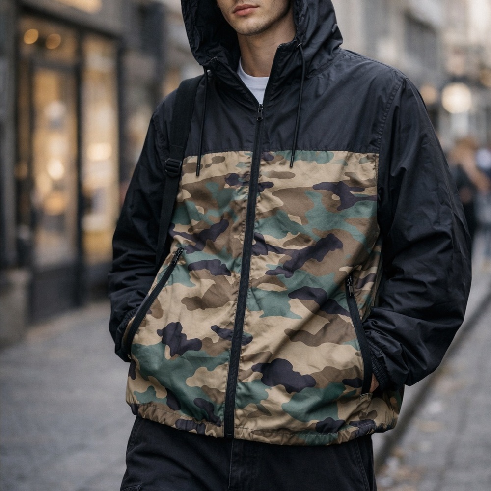 H&M Camo Windbreaker Jacket Size Medium Lightweight Zip